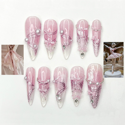 Pink Ballerina Press On Nails for Girls – Soft Blush Ombre Stiletto Nails with Pearls &