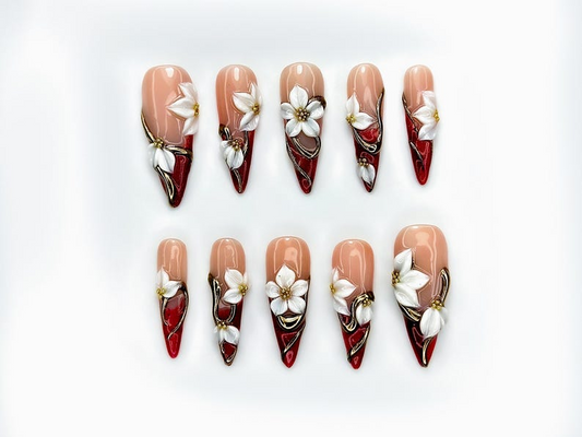 Bold Red Floral Press On Nails Red Nude Gradient Nails 3D White Floral & Gold Accents Statement Autumn Nails