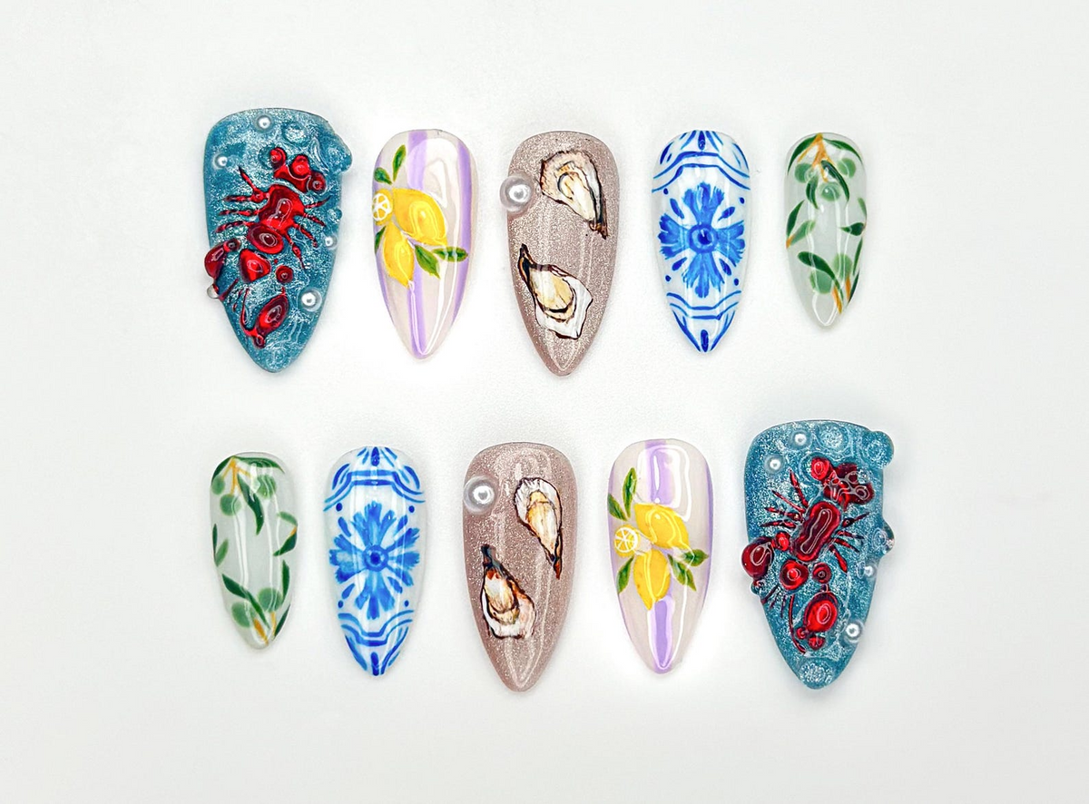 Artistic Seafood Theme Press On Nails Oyster, Lobster & Lemon Nail Art Blue Tile Coastal Press Ons Handpainted Summer Sea Nail
