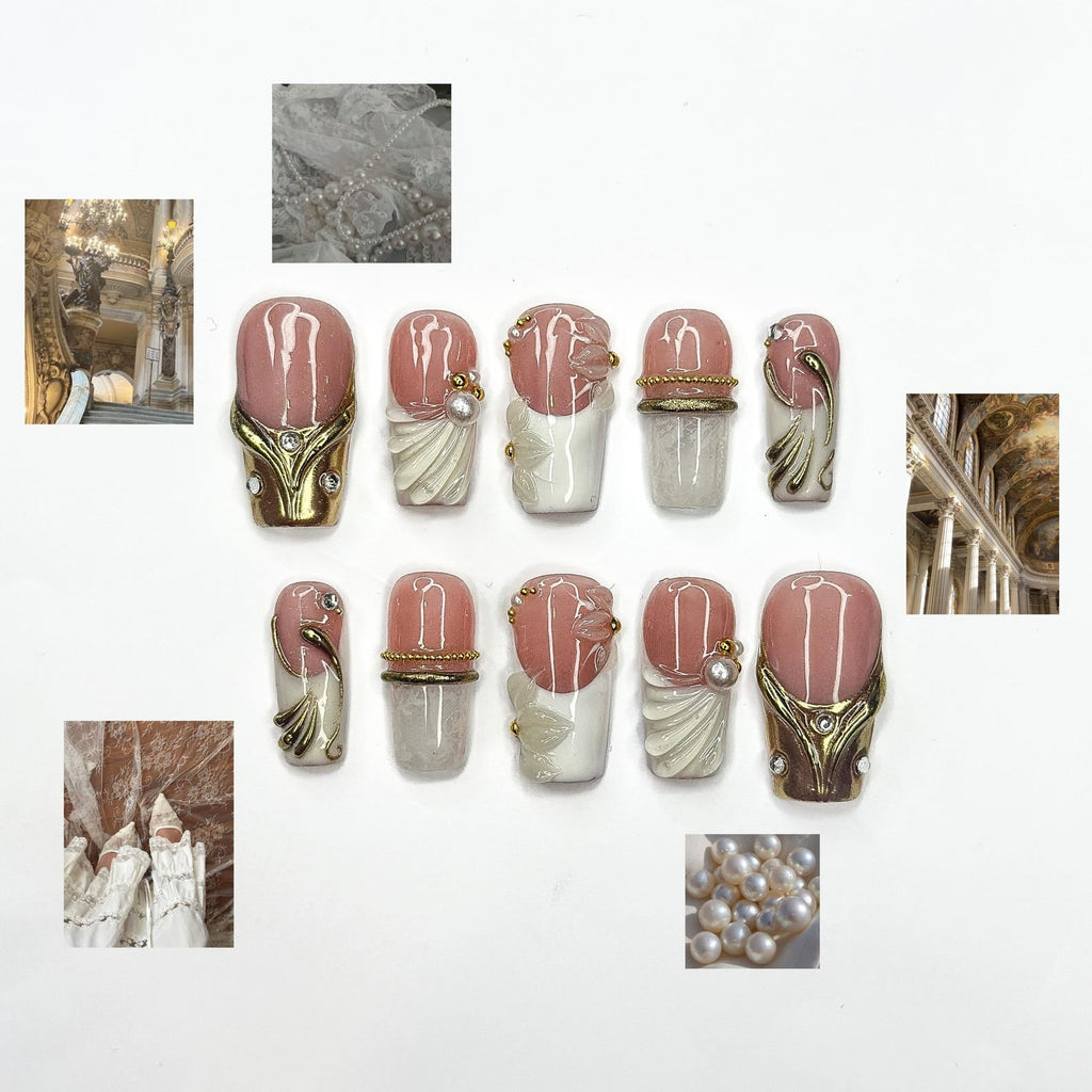 Royal Balletcore Press On Nails, Luxury Pearl Bow Fake Nails, Handpainted Gold French