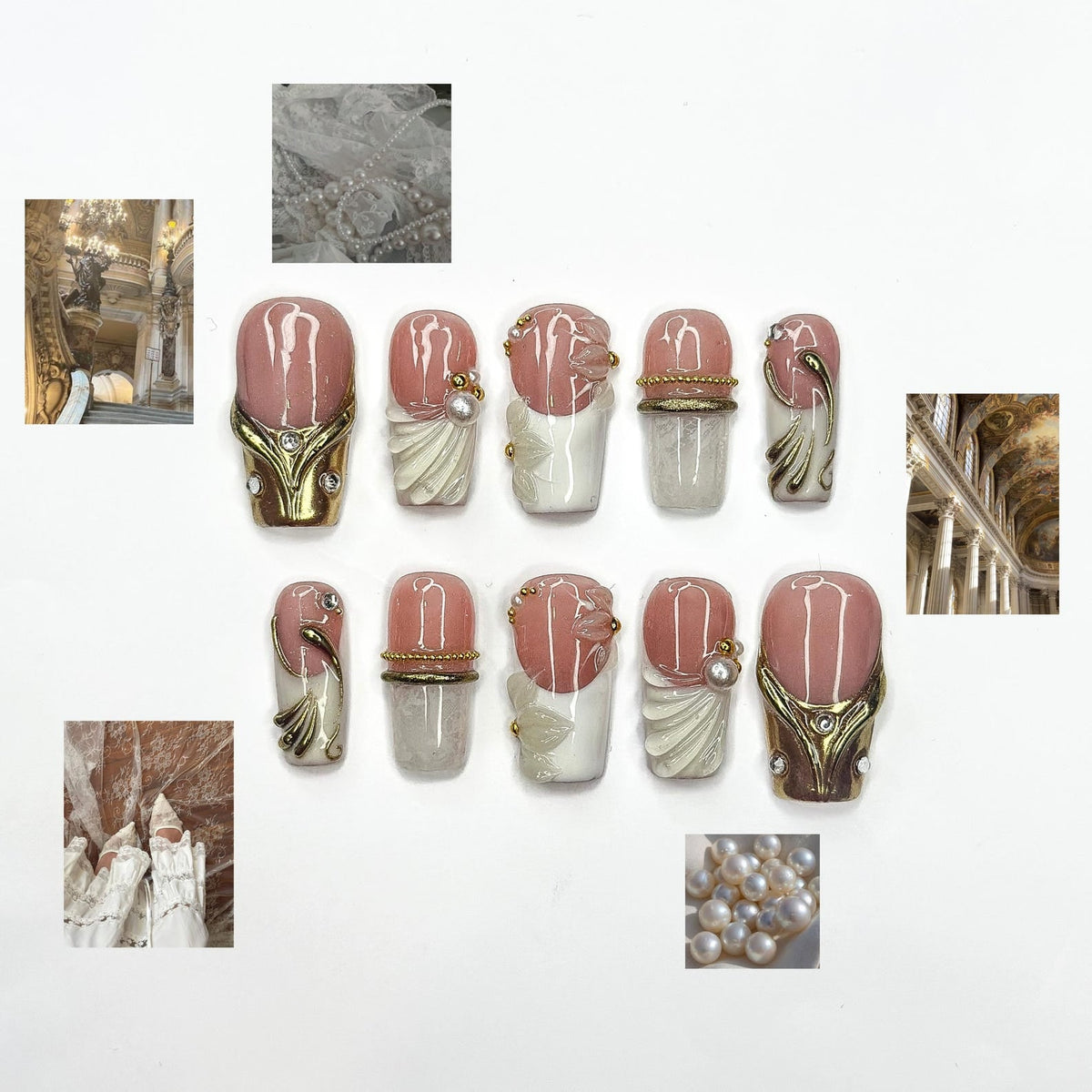 Royal Balletcore Press On Nails, Luxury Pearl Bow Fake Nails, Handpainted Gold French