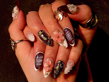Mystic Bloom Luxury Press On Nails Metallic Floral Accent Nails Purple Gradient & 3D Flower Design Elegant Gothic Nail Art