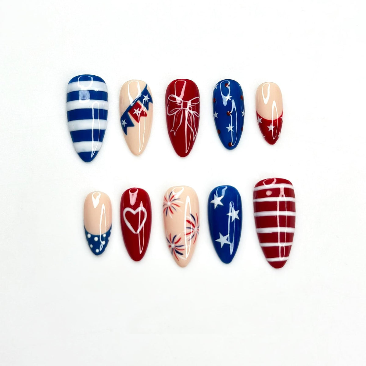 4th of July Press On Nails, Handpainted Patriotic USA Flag Almond Nails