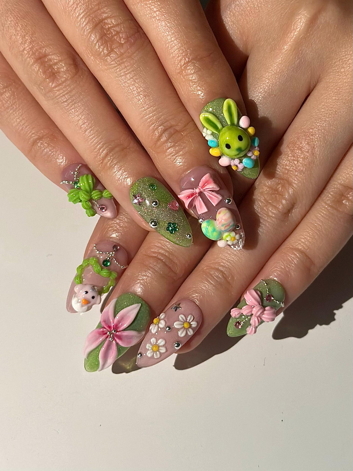 Bunny Garden Press On Nails 3D Easter Rabbit Nails Cute Pastel Floral Nails Kawaii Green