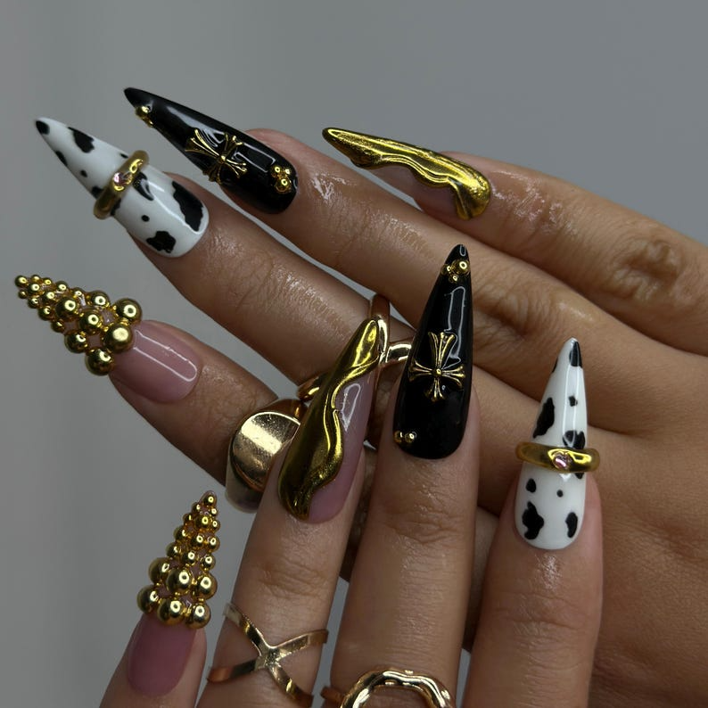 Gothic Cow Glam Press On Nails Black & White Cow Print Stiletto Nails Gold 3D Metal Accents Spider Charm Nail Art