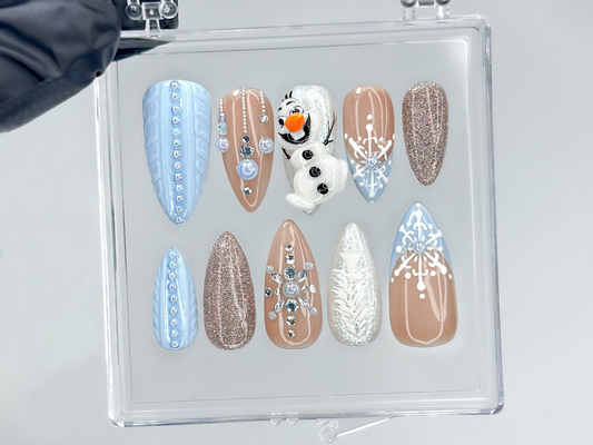 Frosty Snowman Winter Press On Nails 3D Snowman Christmas Nail Art 3D Snowman Accent Crystal Nude Winter Nails