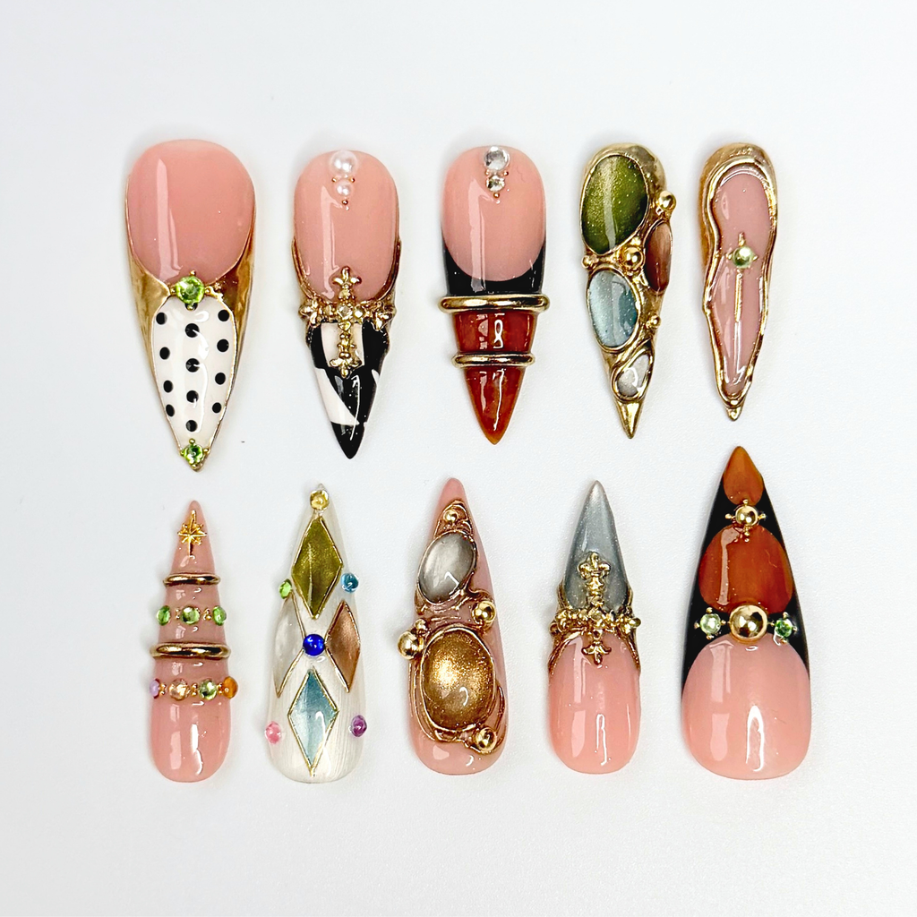 Luxury Press On Nails with Gemstone Charms, Vintage Gold Fake Nails in Long Almond