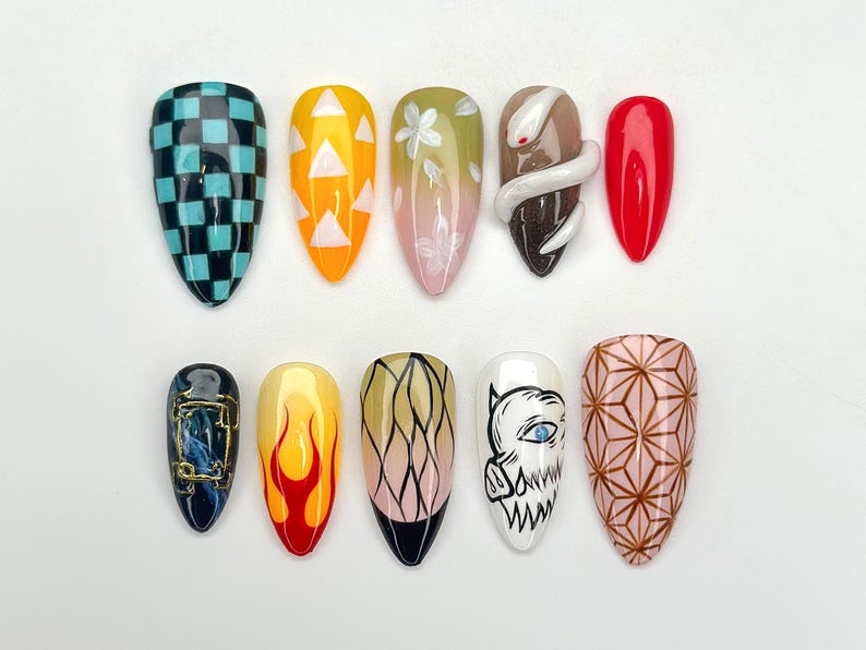 Demon Slayer Anime Press On Nails Cosplay Character Nail Art Flame Snake Nail Set Caro Geometric Press Ons