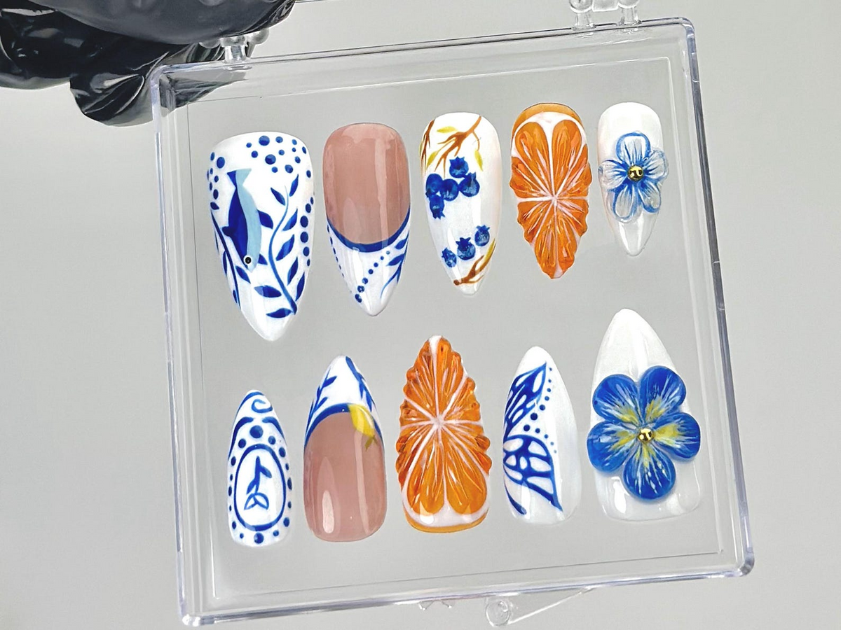 Porcelain Blue Floral Press On Nails Oriental Ceramic Fake Nails Orange Blossom Nail Art Butterfly Citrus Nails Luxury Nails|OB903YK
