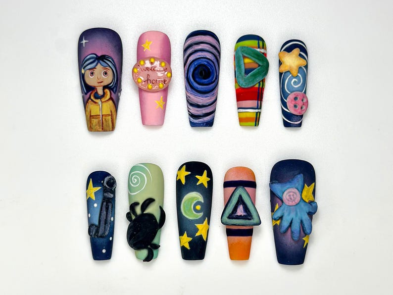 Creepy Cute Cartoon Press On Nails Handmade 3D Starry Night Nails Halloween Nail Art Unique Spooky Nail Set
