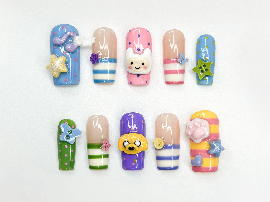 Adventure Time Press On Nails Finn & Jake Cartoon Nails Cute Kawaii Character Nail Art