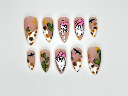 Western Ghost Cowgirl Press On Nails Spooky Desert Nail Art Halloween Cactus Nails Cow Print & Pink Hat Ghost Design