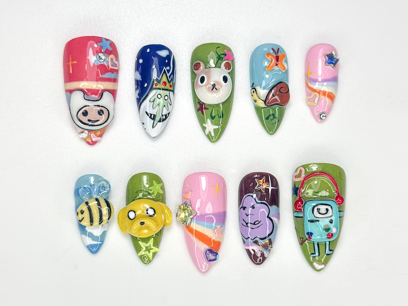 Adventure Time Cute Press On Nails 3D Cartoon Characters & Bee Accents Handmade Pop Culture Nail Art Cute Animation Nail Set