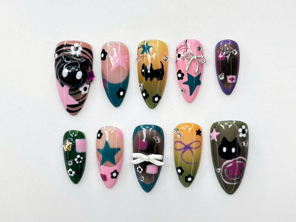 Goth Kawaii Press On Nails Handmade Black Cat & Star Nail Art Long Stiletto Glue On Nails Alternative Aesthetic Gift for Her