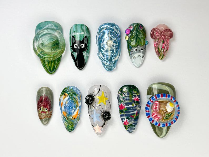 Cute Totoro-Inspired Press-On Nails Studio-Inspired Press-On Nail Art Handcrafted Anime Nail Design Forest Spirit Nail Art OB709HC
