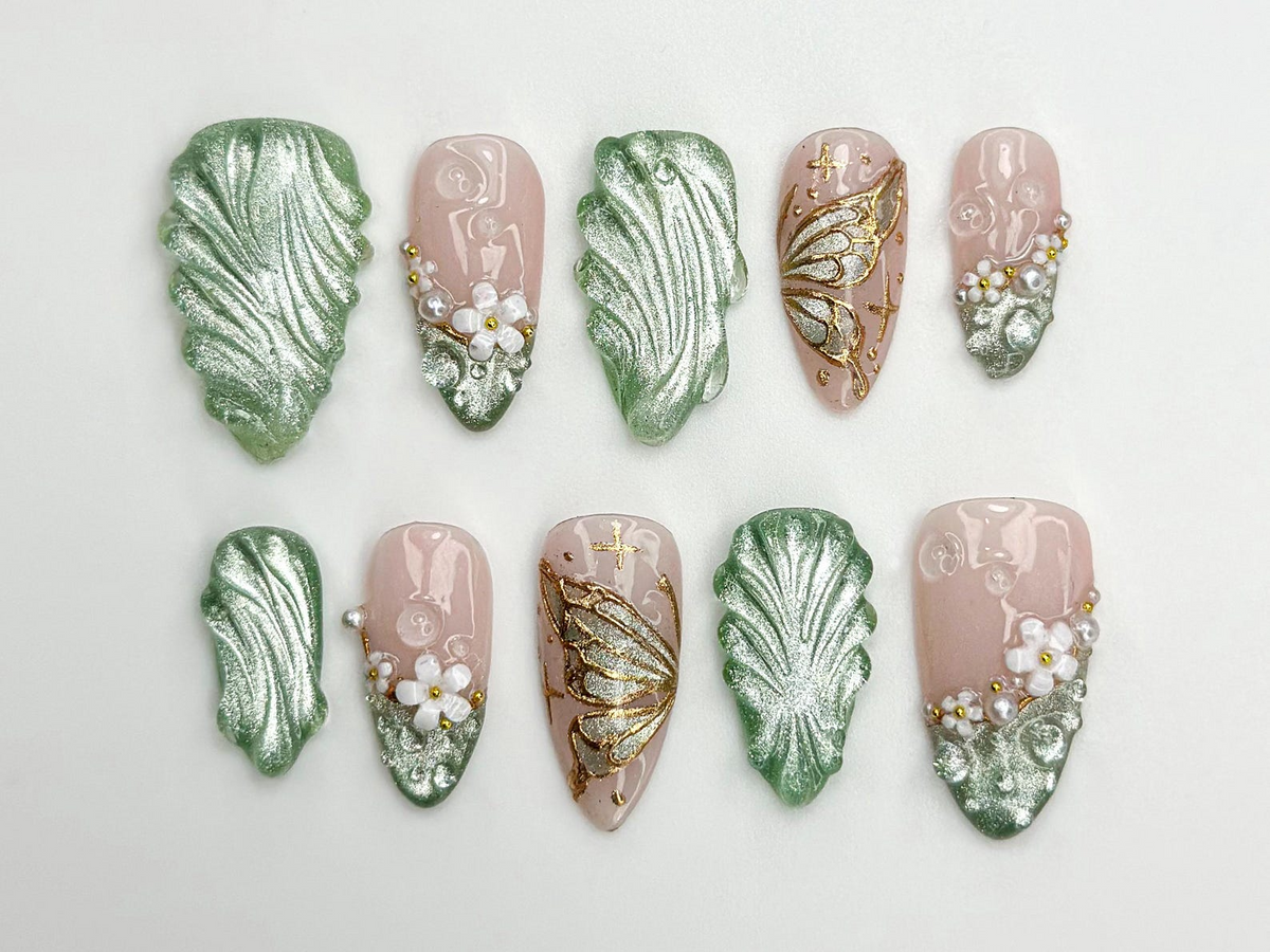 Jade Green Floral Press On Nails Elegant Floral Nail Art Zen Nature Press Ons Nude Floral Butterfly Nails Handmade 3D Nail OB781HC