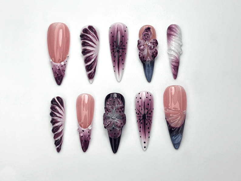 Elegant Purple Bloom Press On Nails 3D Floral Ombre Nail Art Nude Pink Handmade Nails Luxury Artistic Long Set