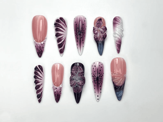 Elegant Purple Bloom Press On Nails 3D Floral Ombre Nail Art Nude Pink Handmade Nails Luxury Artistic Long Set