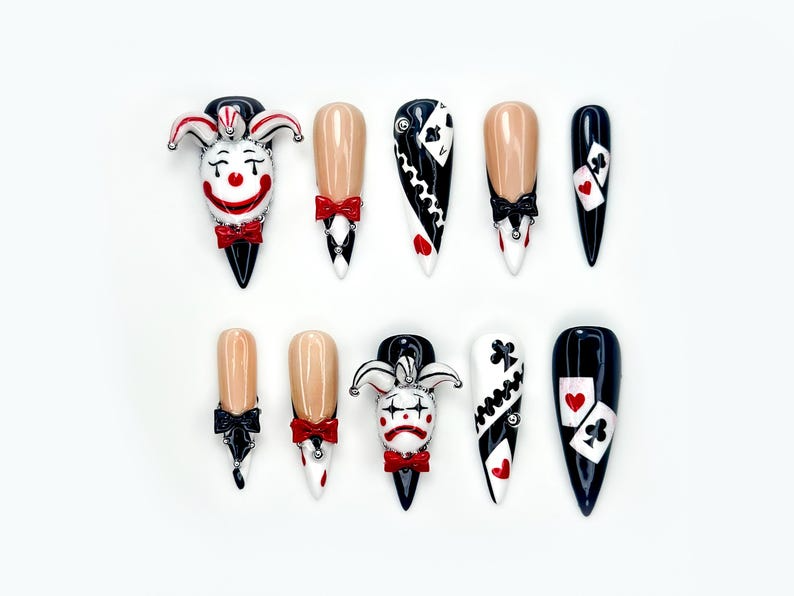 Harlequin Joker Halloween Press On Nails Black White Red Gothic Nail Art 3D Clown Accent Stiletto Nails Playing Card Inspired