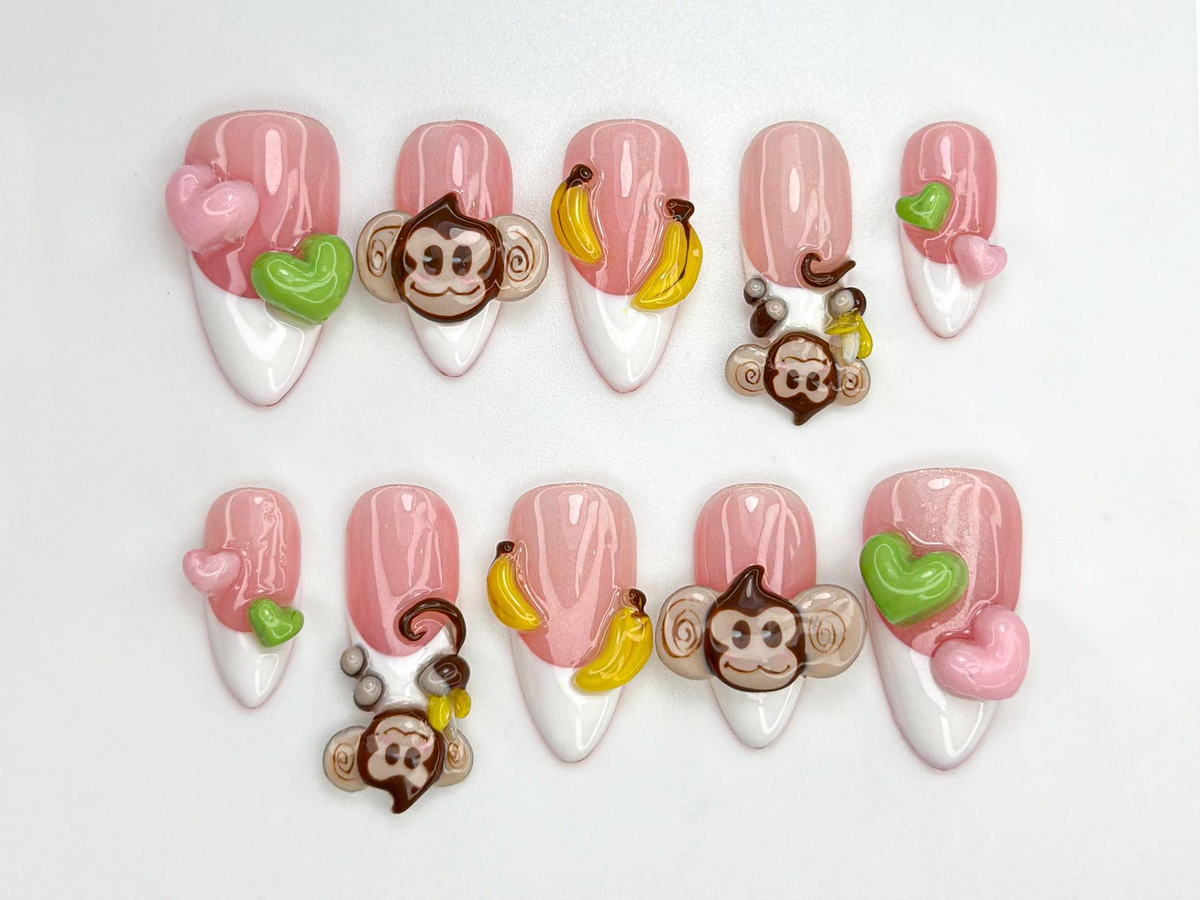 Cute Monkey Pink Cute Press On Nails Cute 3D Banana Monkey Nails Pink & Green Heart Nails Kawaii Jungle Vibe Cartoon Nails OB811HC