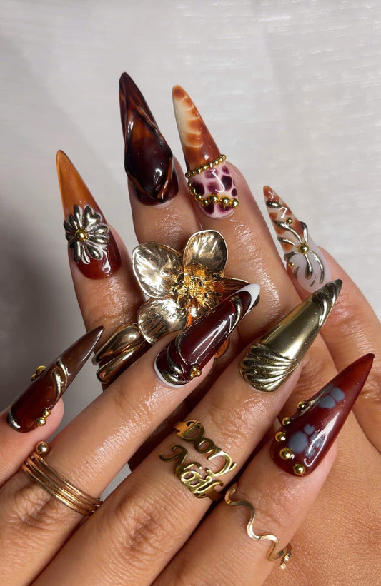 Autumn Luxe Press On Nails, Dark Red & Metallic Gold Nail Art, Handmade Gothic Glam Nails