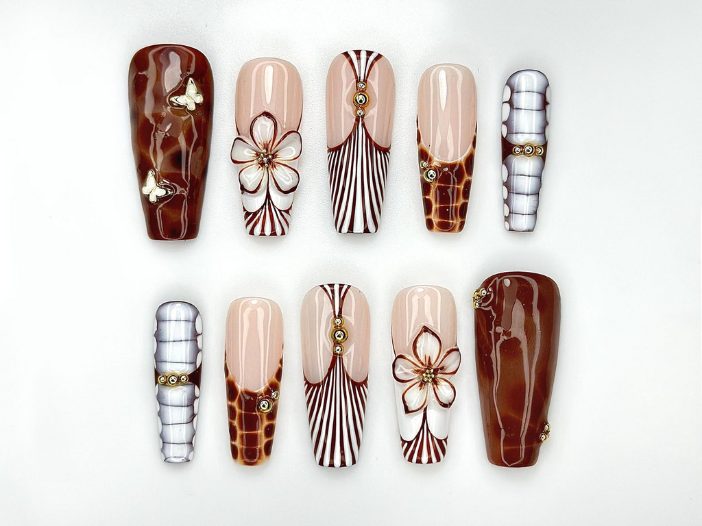 Caramel Elegance Press On Nails Brown Marble 3D Flower Nails Butterfly Accent & Luxe Stripe Design Fall Long Gel Nails