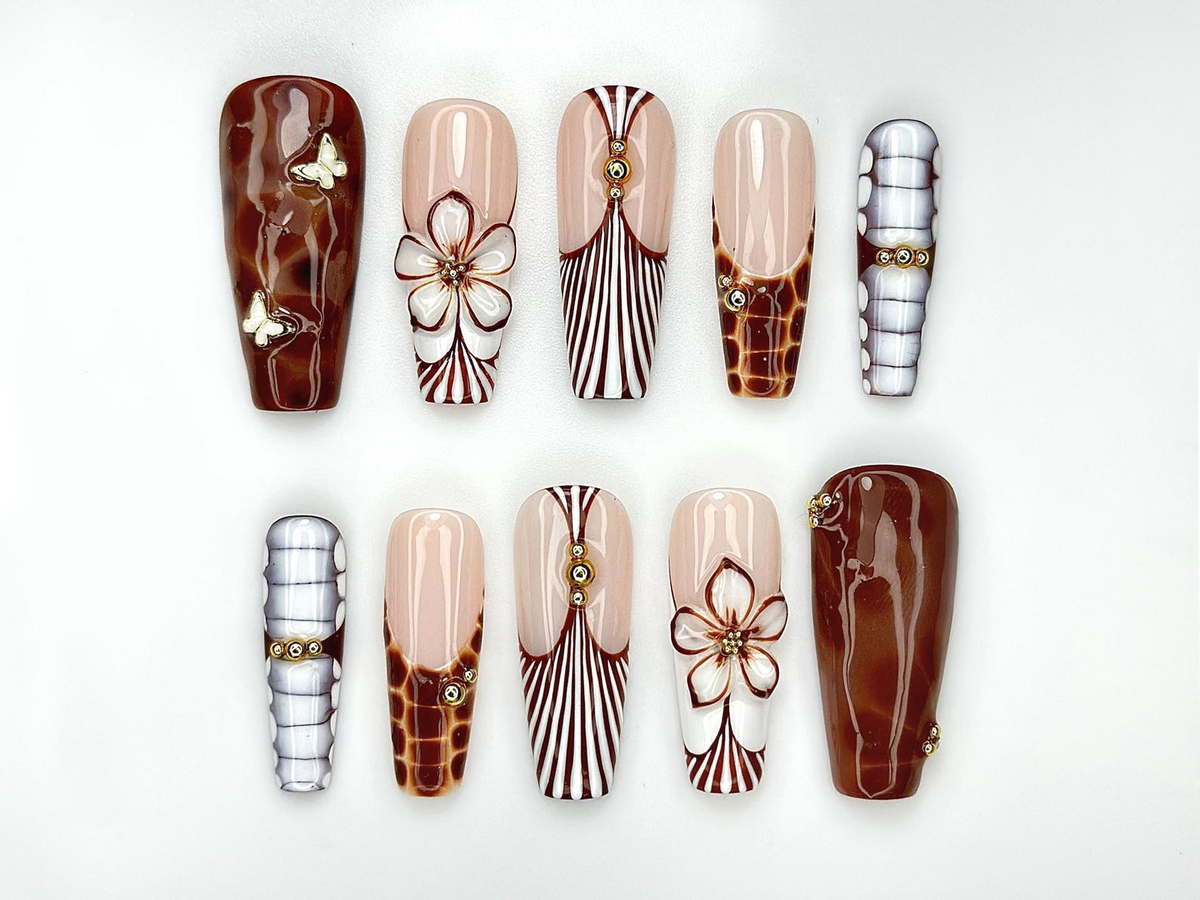 Caramel Elegance Press On Nails Brown Marble 3D Flower Nails Butterfly Accent & Luxe Stripe Design Fall Long Gel Nails