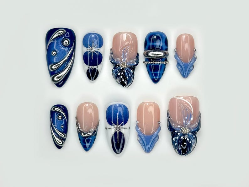 Winter Midnight Spark Press On Nails Blue Chrome Nail Art Silver Star 3D Nails Elegant Winter Press Ons