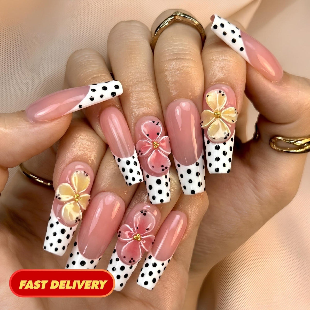 Retro Polka Dot Press On Nails, 3D Floral French Tip, Y2K Pastel Summer Nails, Bold
