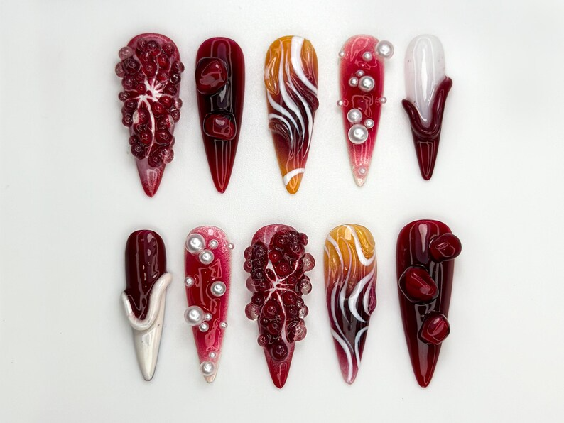 Pomegranate Lava Press On Nails Deep Red Chrome Fruit Nails 3D Pearl Fire Nail Art Garnet Gradient Press Ons Artistic Red OB858H