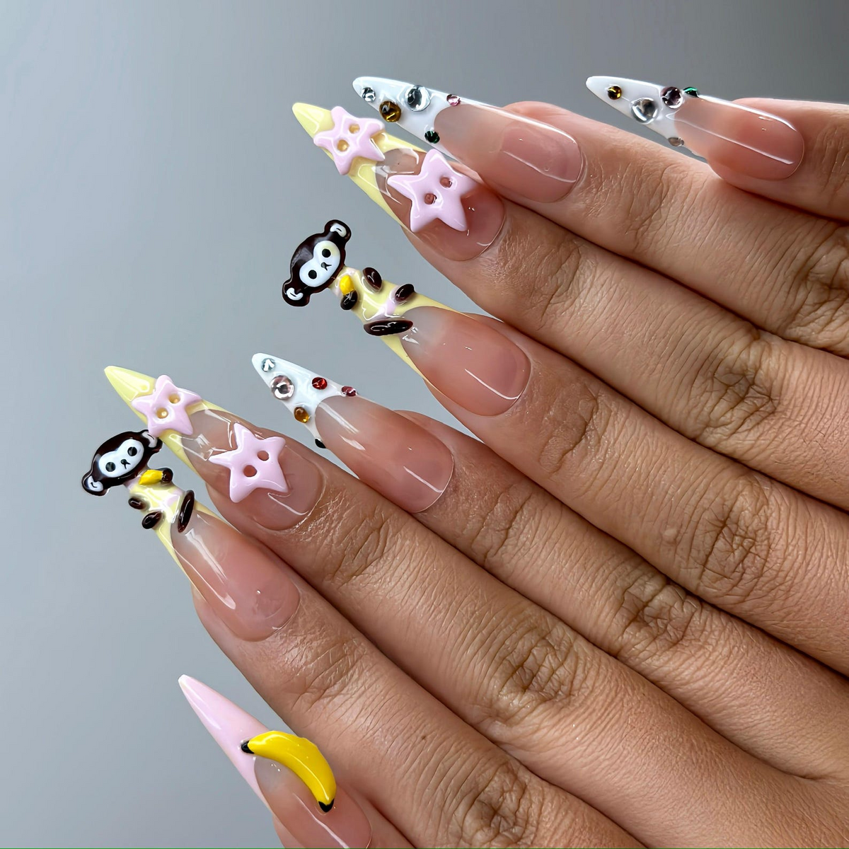 3D Monkey Banana Press On Nails Cute Pink Star & Fruit Fake Nails Kawaii Handmade Nail Art Playful Cute Nails Cartoon Nails