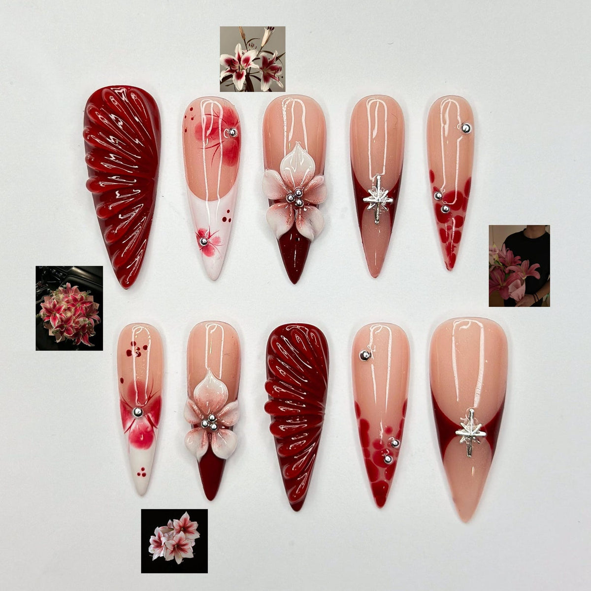 Deep Lily & Crimson Ripple Nails, 3D Floral Dark Red Press Ons, Luxury Moody Romantic