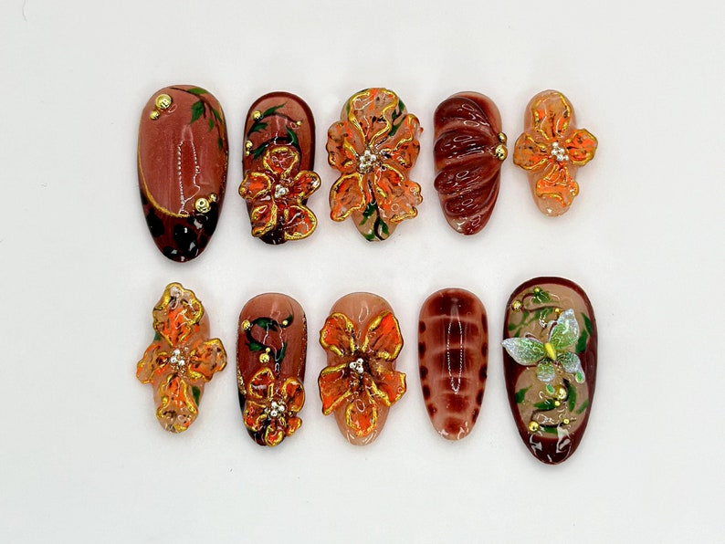 Custom Brown Floral Press-On Nails Fall Leaves Design Brown and Orange 3D Nail Art Custom Nail Design Autumn Elegance