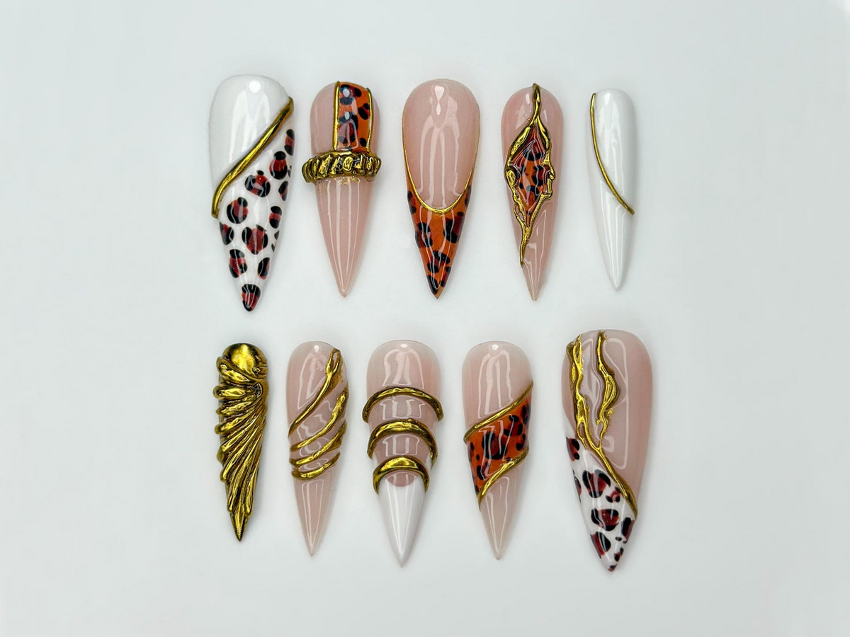 Gold Leopard Luxury Press On Nails 3D Metallic Chrome Nails Animal Print Stiletto Glam
