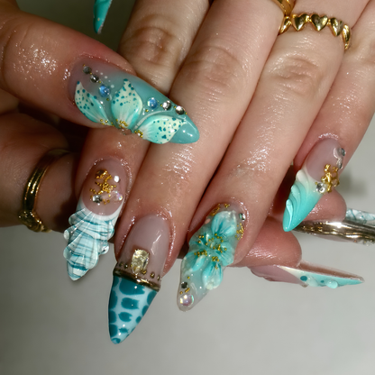 Luxury Mermaid Press On Nails, Gold Chrome Mint Stiletto Fake Finger, 3D Seashell Ocean
