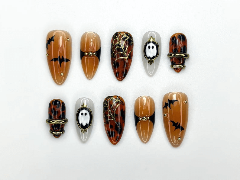 Halloween Bat Ghost Press On Nails, Spooky Spider Web Nail Art, Orange Black Fall Nails