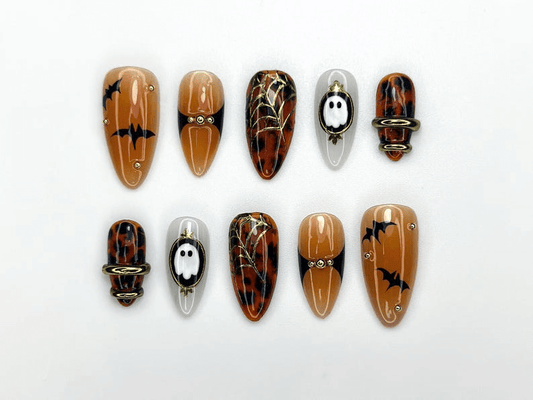 Halloween Bat Ghost Press On Nails, Spooky Spider Web Nail Art, Orange Black Fall Nails