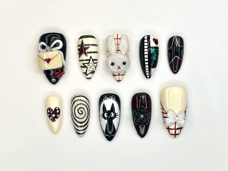 Creepy Cute Press On Nails Gothic Mask And Bunny Nail Art 3D Bow & Spiral Nails Handmade Halloween Nail Set