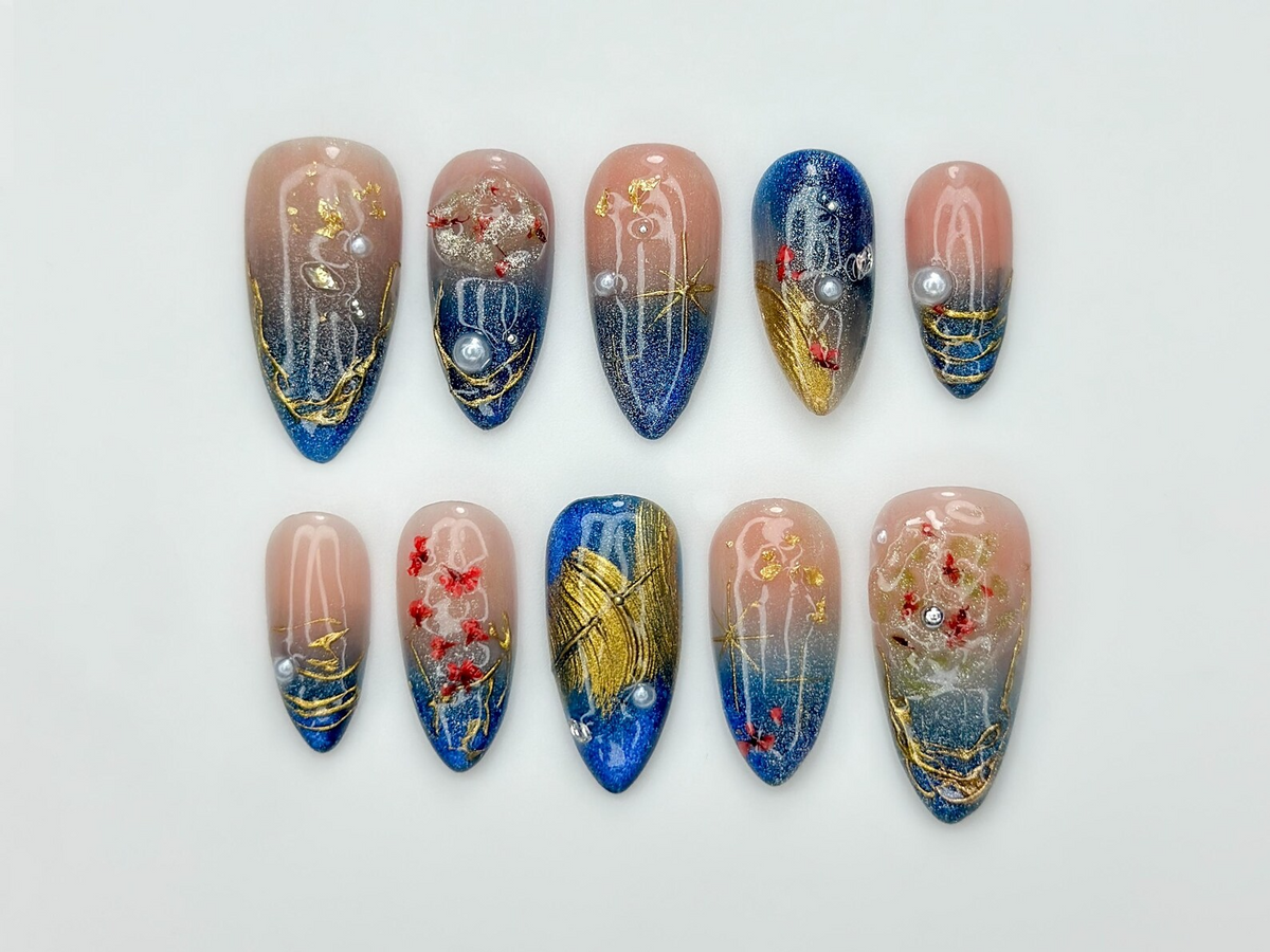 Luxury Navy Gold Press On Nails, Mystic Galaxy Floral Nails, Reusable Stiletto Nail with