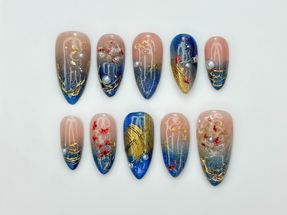 Luxury Navy Gold Press On Nails, Mystic Galaxy Floral Nails, Reusable Stiletto Nail with