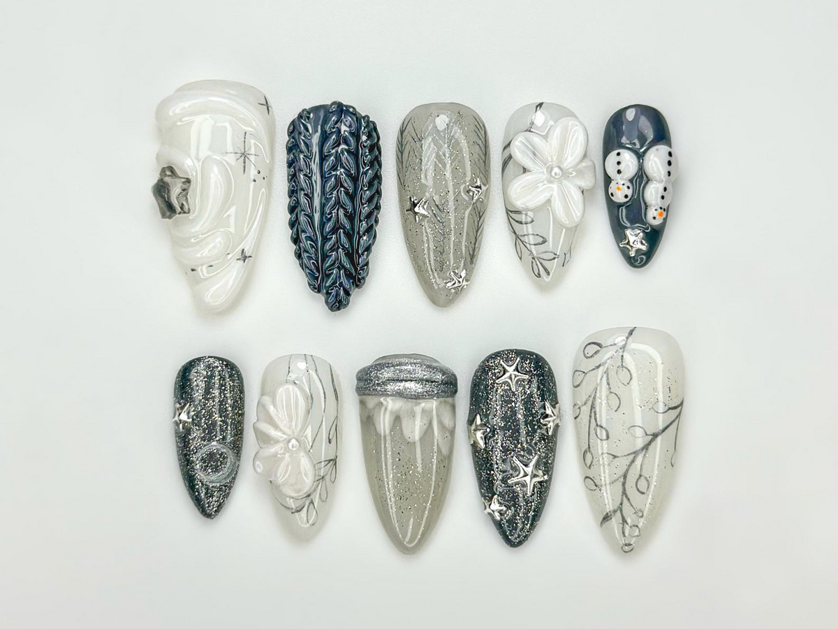 Silver Winter Stars Press On Nails Elegant Winter Flower Nail Art Grey Glitter Winter Nails Frosty Holiday Press Ons