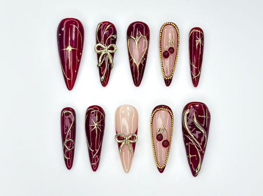 Wine Red Fall Press On Nails Burgundy & Gold Nail Art Autumn Holiday Nails Handmade Glam Nail Set Elegant Long Nails