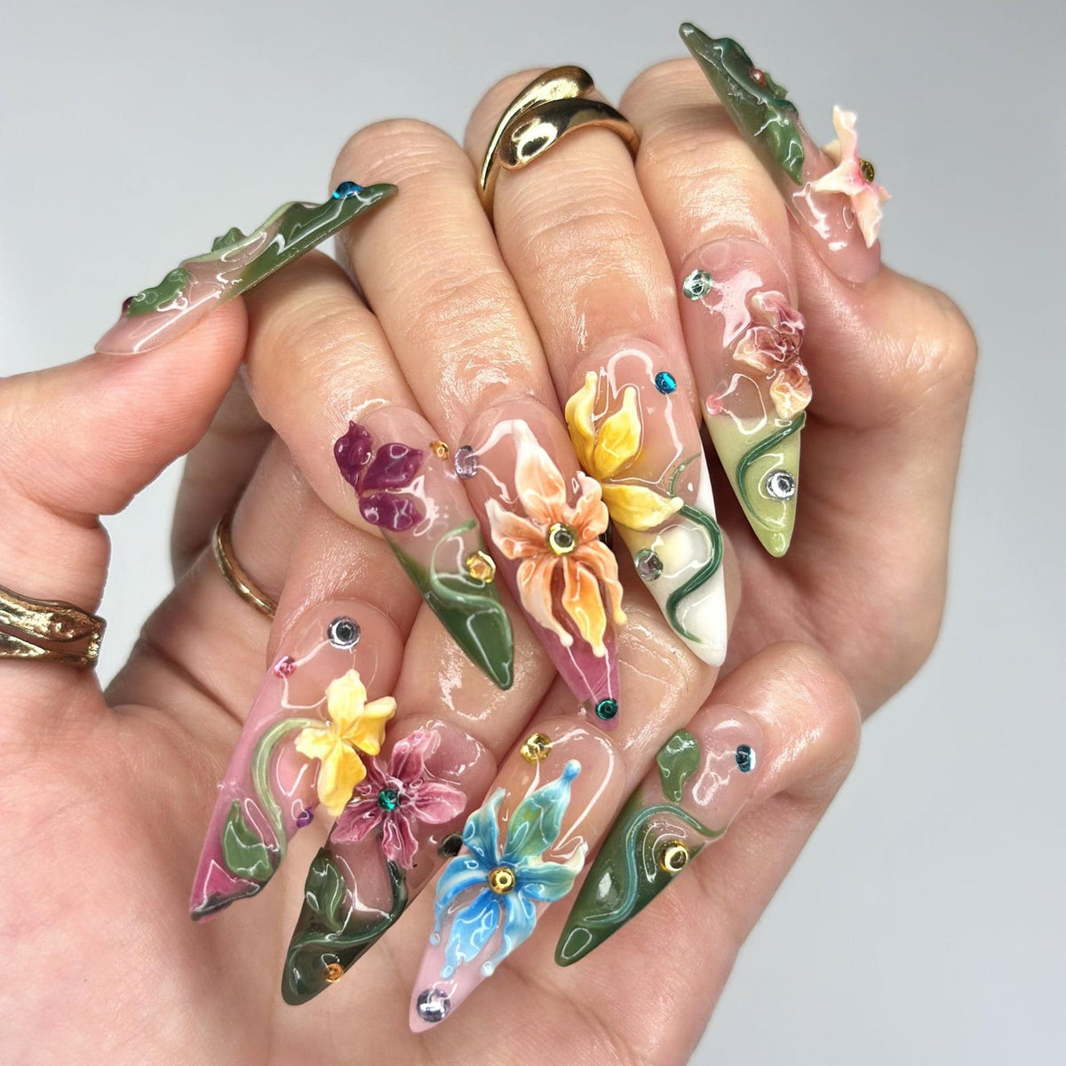 3D Tropical Flower Fairy Press On Nails, Colorful Floral & Green Vine Art, Whimsical