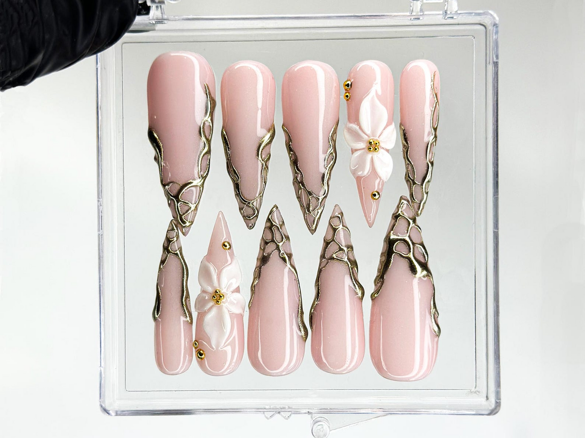 Nude Pink Luxury Press On Nails Blush Floral Nails 3D White Flower Nail Art Elegant Bridal Press Ons Soft Glam Nail Set