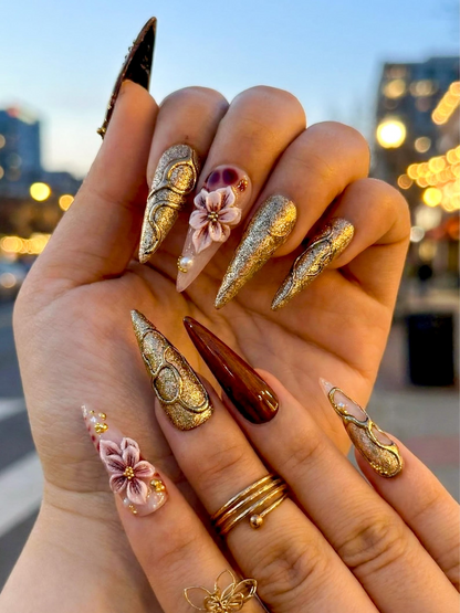 Luxury Gold Floral Press On Nails Spring Floral Crystal Nail Art Gold Sculpted Couture Nails Long Stiletto Nails