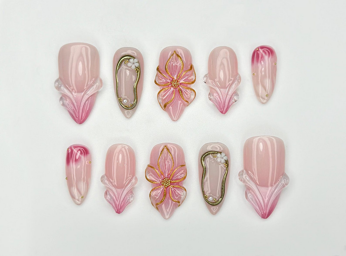 Blush Bloom Elegance Press On Nails 3D Floral Accents & Gold Details & Pink Ombre Press Ons Wedding Nails OC962H