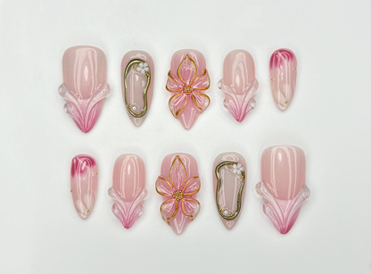 Blush Bloom Elegance Press On Nails 3D Floral Accents & Gold Details & Pink Ombre Press Ons Wedding Nails OC962H