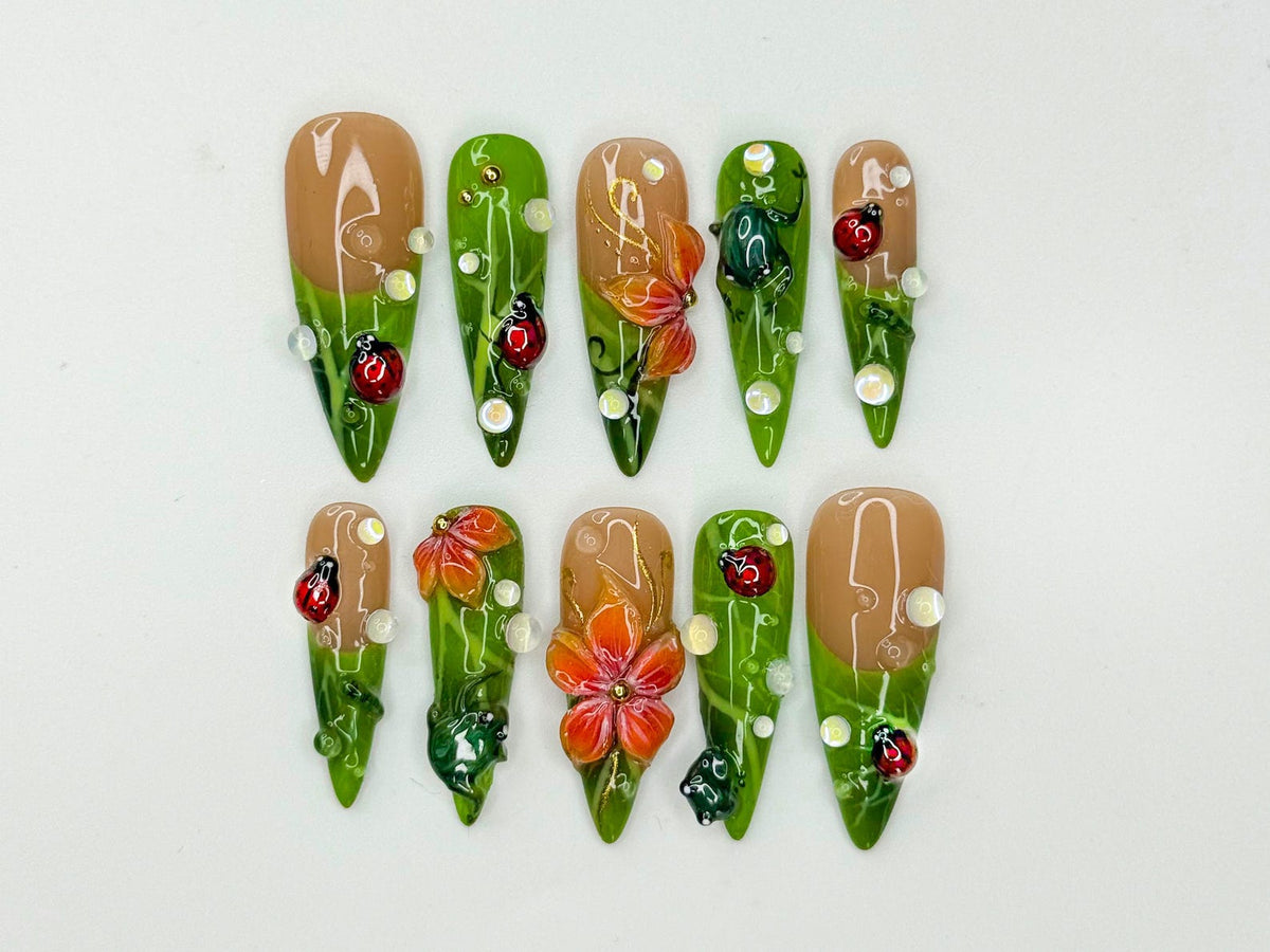 Green Floral Press On Nails with Ladybug and Pearl 3D Nature Nails in Long Almond Handmade