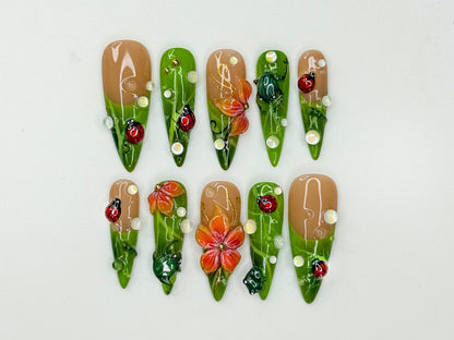 Green Floral Press On Nails with Ladybug and Pearl 3D Nature Nails in Long Almond Handmade