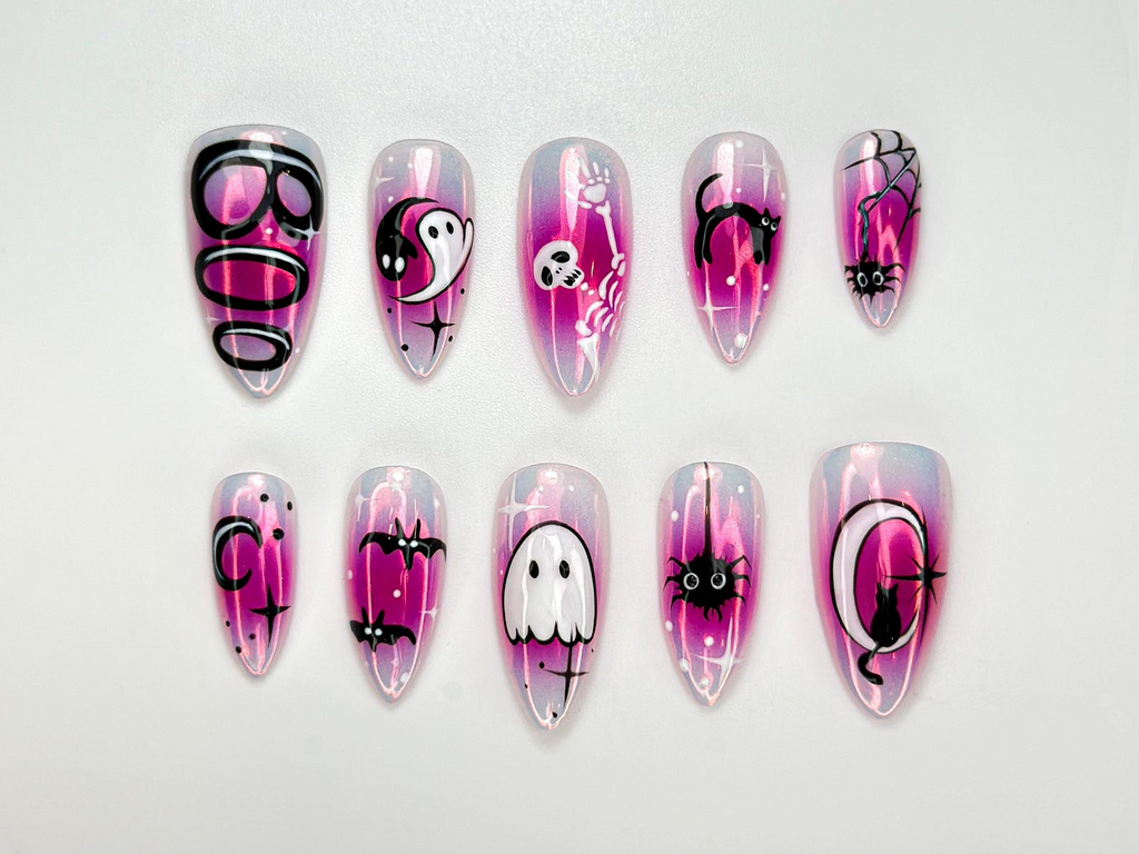 Cute Halloween Glow Press On Nails Pink Spooky Ghost Nail Art Glow in Dark Cat & Bat Nails Adorable Halloween Press Ons